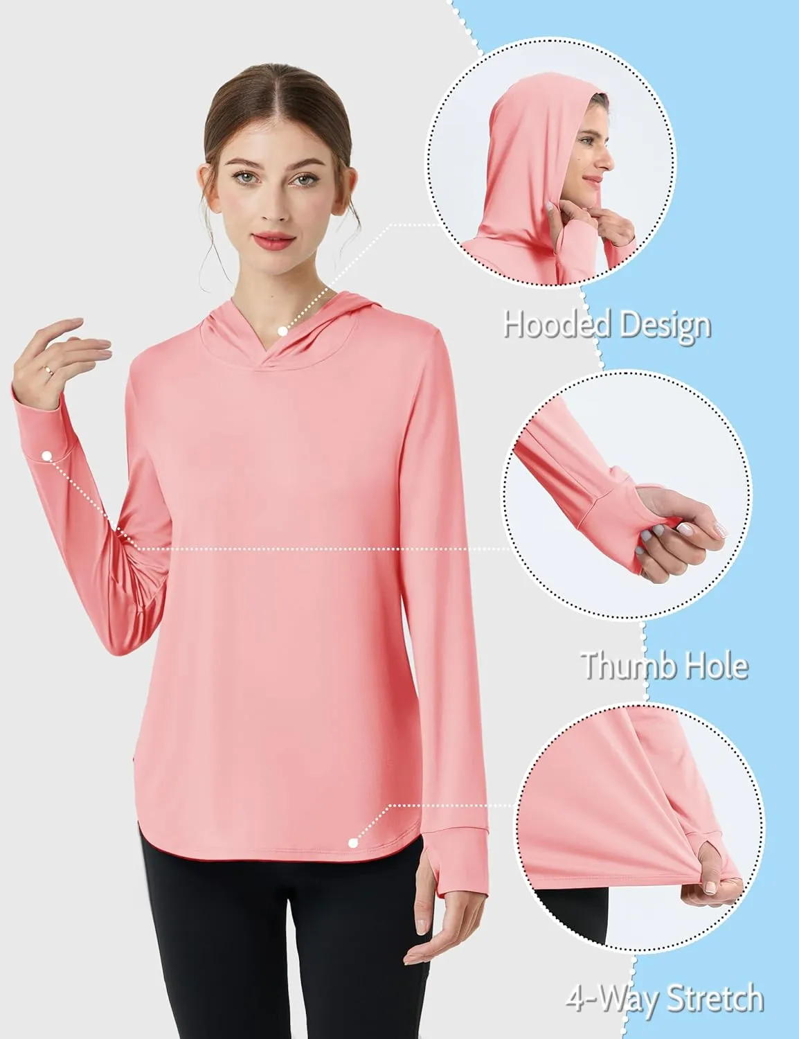 Womens Sun Protection Hoodies UPF 80  UV Shirts Long Sleeve Lightweight Hiking Fishing Workout Tops
