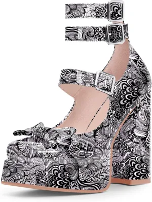 Women's Sweet Bow Platform Mary Jane Pumps Ankle Strap Closed Toe Patent Leather Block High Heels Goth Shoes