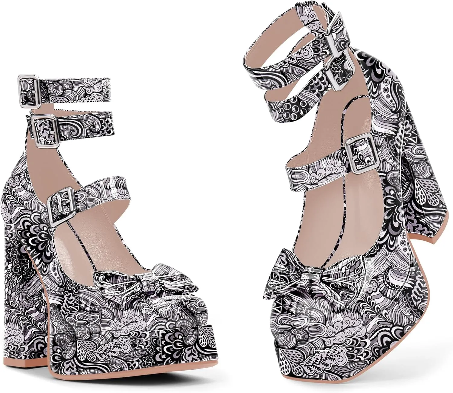 Women's Sweet Bow Platform Mary Jane Pumps Ankle Strap Closed Toe Patent Leather Block High Heels Goth Shoes