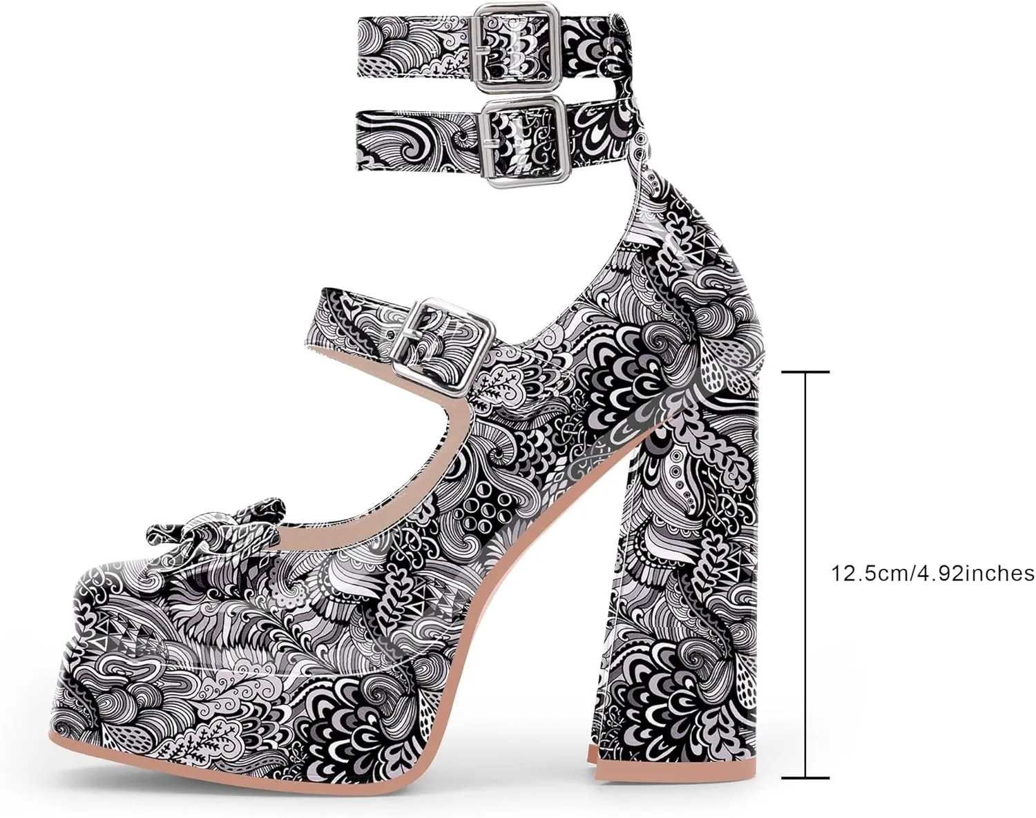 Women's Sweet Bow Platform Mary Jane Pumps Ankle Strap Closed Toe Patent Leather Block High Heels Goth Shoes