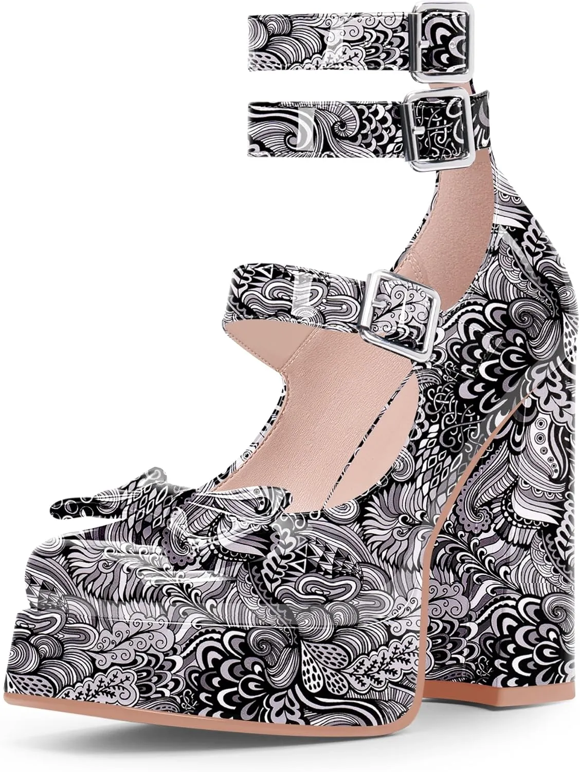 Women's Sweet Bow Platform Mary Jane Pumps Ankle Strap Closed Toe Patent Leather Block High Heels Goth Shoes