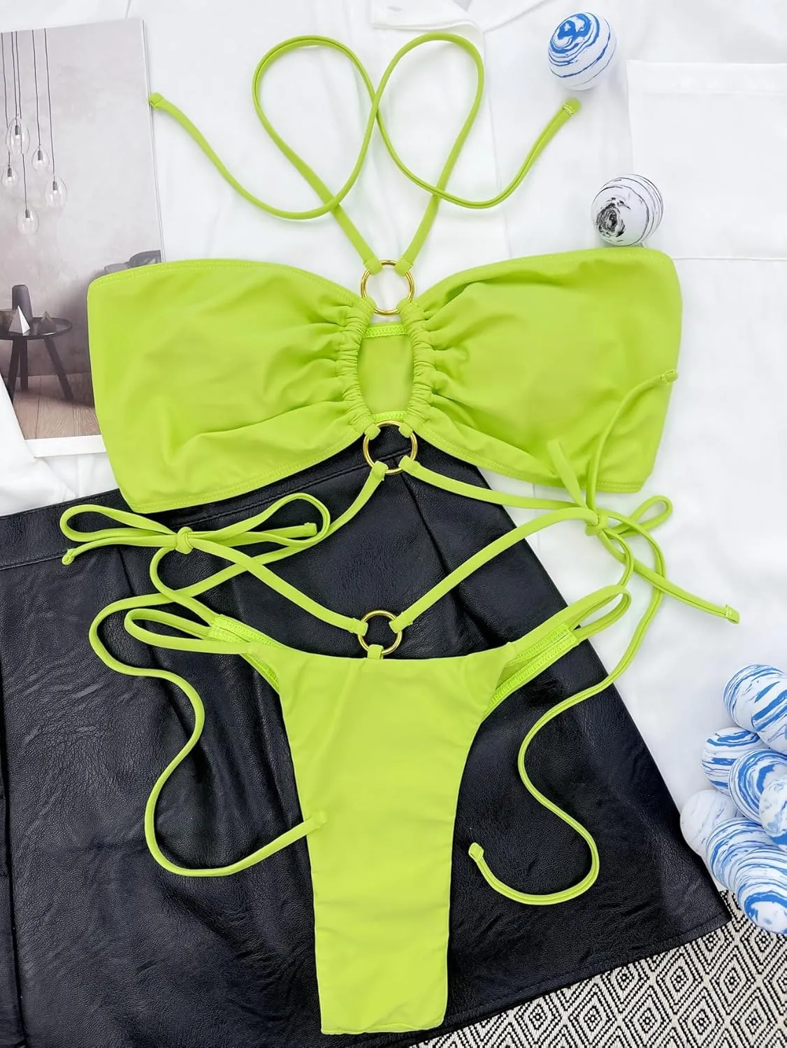 Women's Triangle Bikini Set String Swimsuit Bandeau Halter String Bikini Set Two Piece Swimsuit Bathing Suits