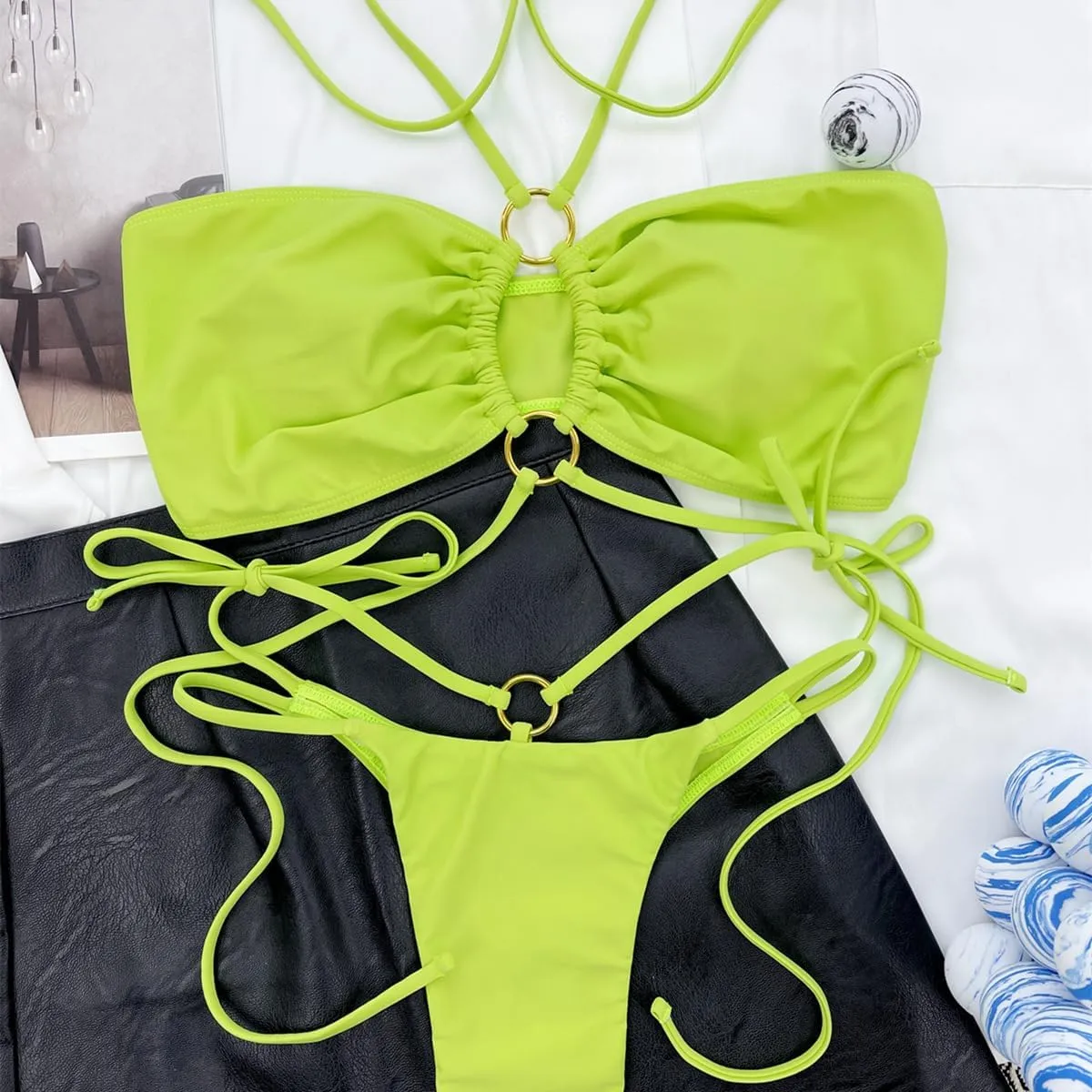 Women's Triangle Bikini Set String Swimsuit Bandeau Halter String Bikini Set Two Piece Swimsuit Bathing Suits