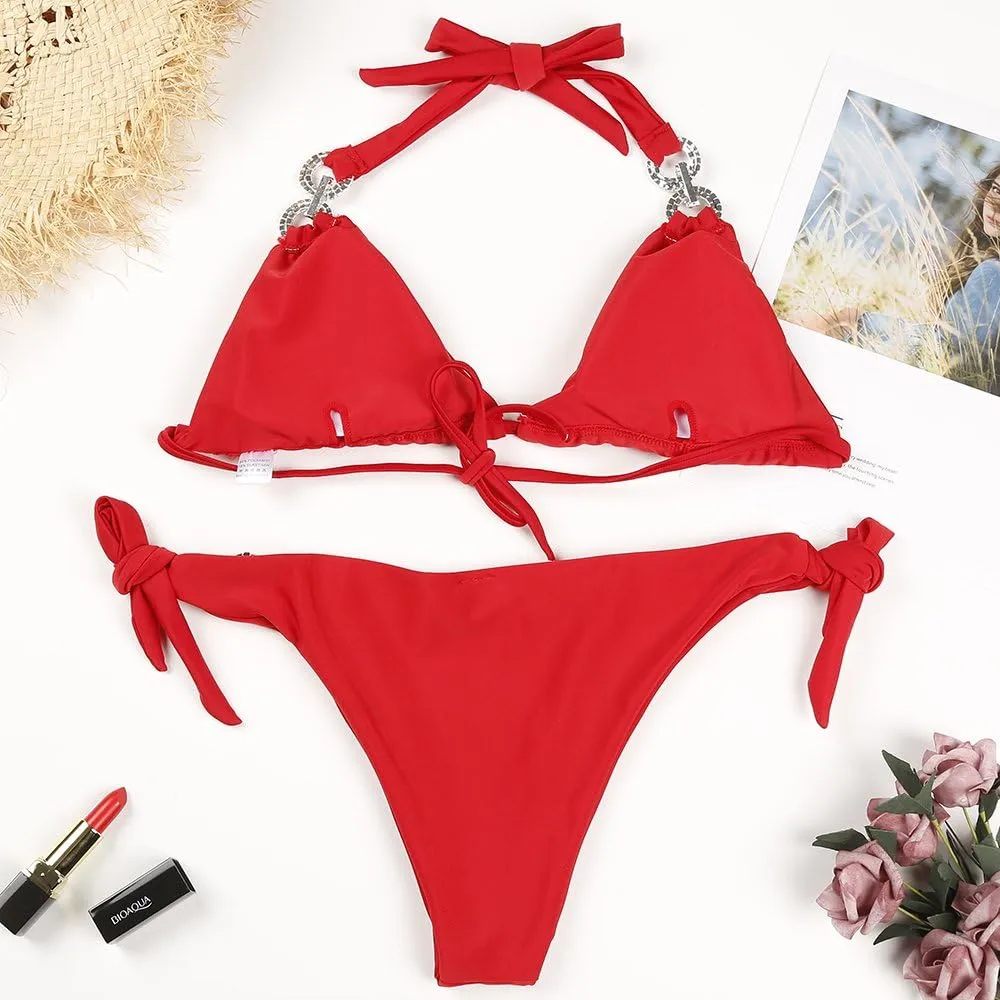Women's Triangle Bikini Set String Swimsuit Bandeau Halter String Bikini Set Two Piece Swimsuit Bathing Suits