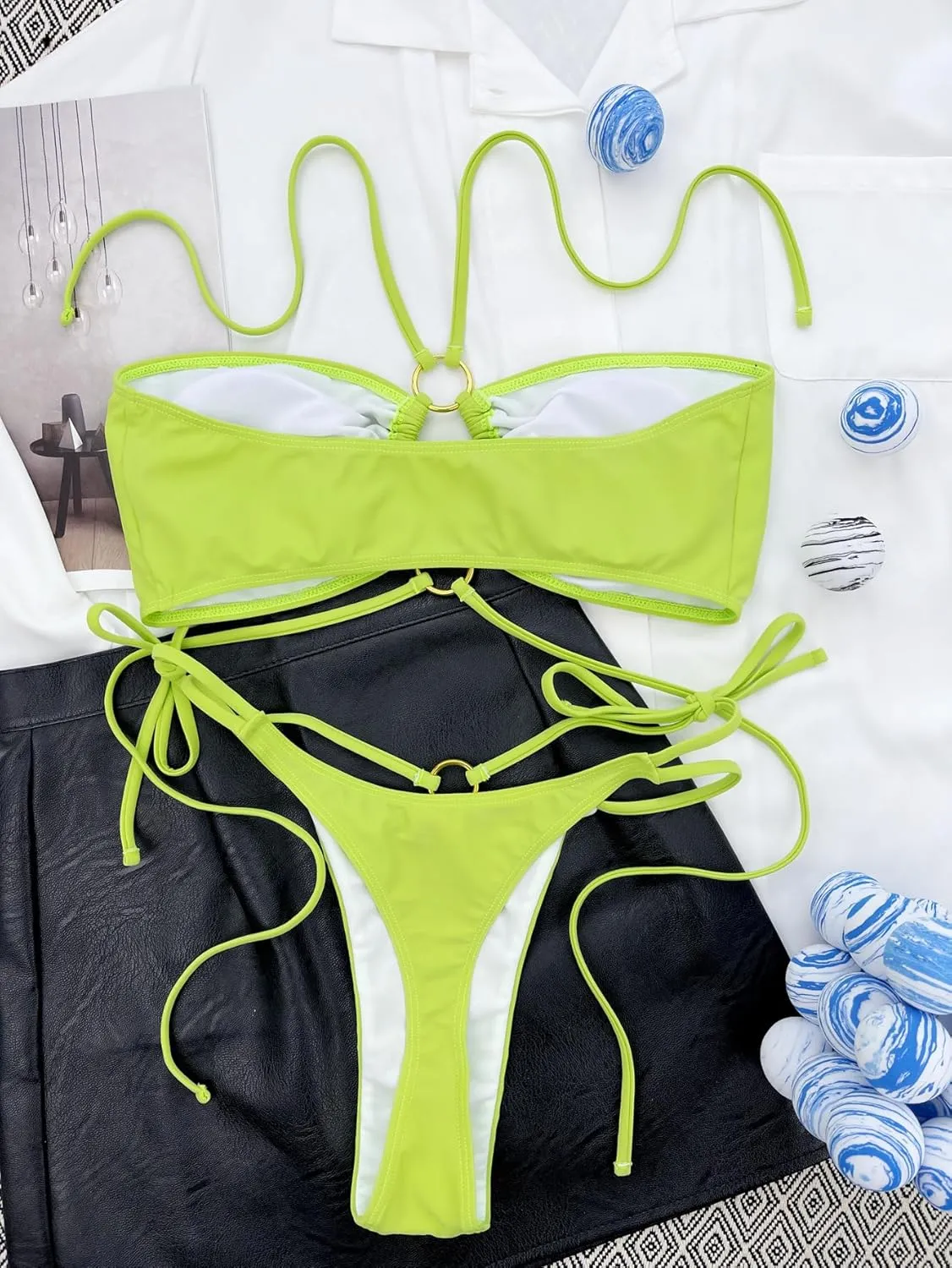 Women's Triangle Bikini Set String Swimsuit Bandeau Halter String Bikini Set Two Piece Swimsuit Bathing Suits