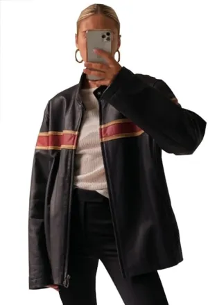 Women's Ultra Vintage Oversized Striped Biker Jacket | Genuine Leather Moto Jacket for Riders