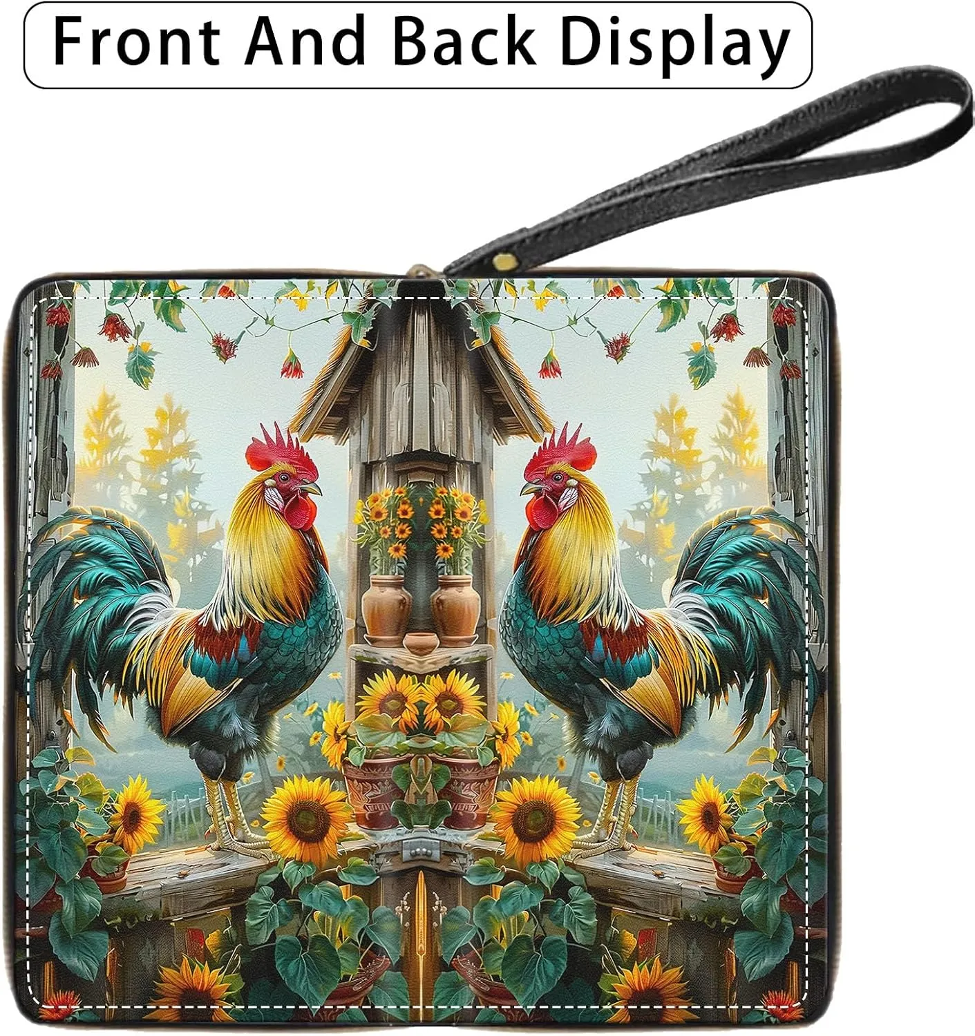 Women's Wallets,Wallet Wristlet for Women (Removable Wristlet) RFID Blocking Credit Card Holder Teen Girls PU Leather Phone Zip Around Men Wallet Clutch Travel Purse,Sunflower Rooster