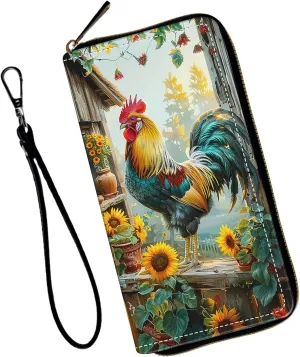 Women's Wallets,Wallet Wristlet for Women (Removable Wristlet) RFID Blocking Credit Card Holder Teen Girls PU Leather Phone Zip Around Men Wallet Clutch Travel Purse,Sunflower Rooster