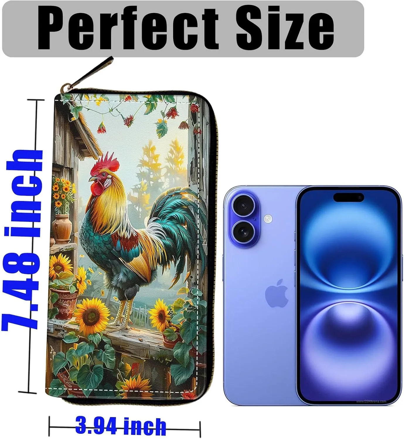 Women's Wallets,Wallet Wristlet for Women (Removable Wristlet) RFID Blocking Credit Card Holder Teen Girls PU Leather Phone Zip Around Men Wallet Clutch Travel Purse,Sunflower Rooster