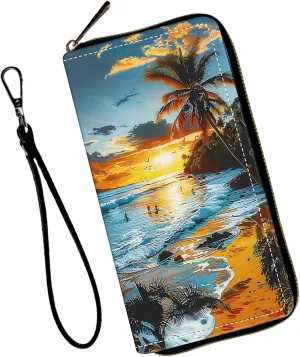 Women's Wallets,Wallet Wristlet for Women (Removable Wristlet) RFID Blocking Credit Card Holder Teen Girls PU Leather Phone Zip Around Men Wallet Clutch Travel Purse,Sunset Beach