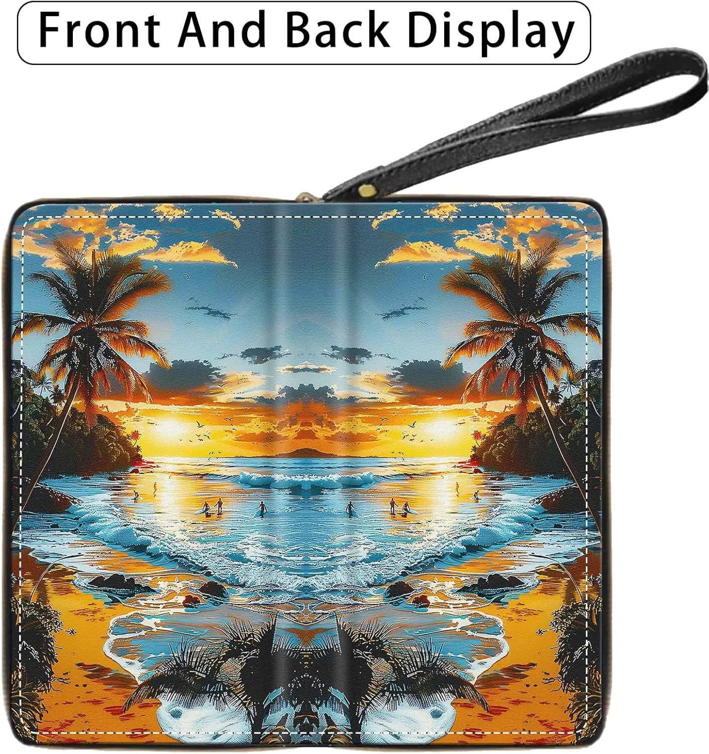 Women's Wallets,Wallet Wristlet for Women (Removable Wristlet) RFID Blocking Credit Card Holder Teen Girls PU Leather Phone Zip Around Men Wallet Clutch Travel Purse,Sunset Beach