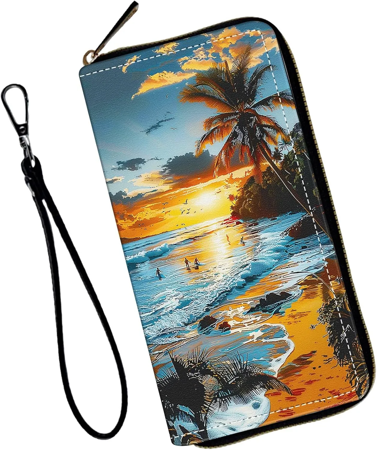 Women's Wallets,Wallet Wristlet for Women (Removable Wristlet) RFID Blocking Credit Card Holder Teen Girls PU Leather Phone Zip Around Men Wallet Clutch Travel Purse,Sunset Beach