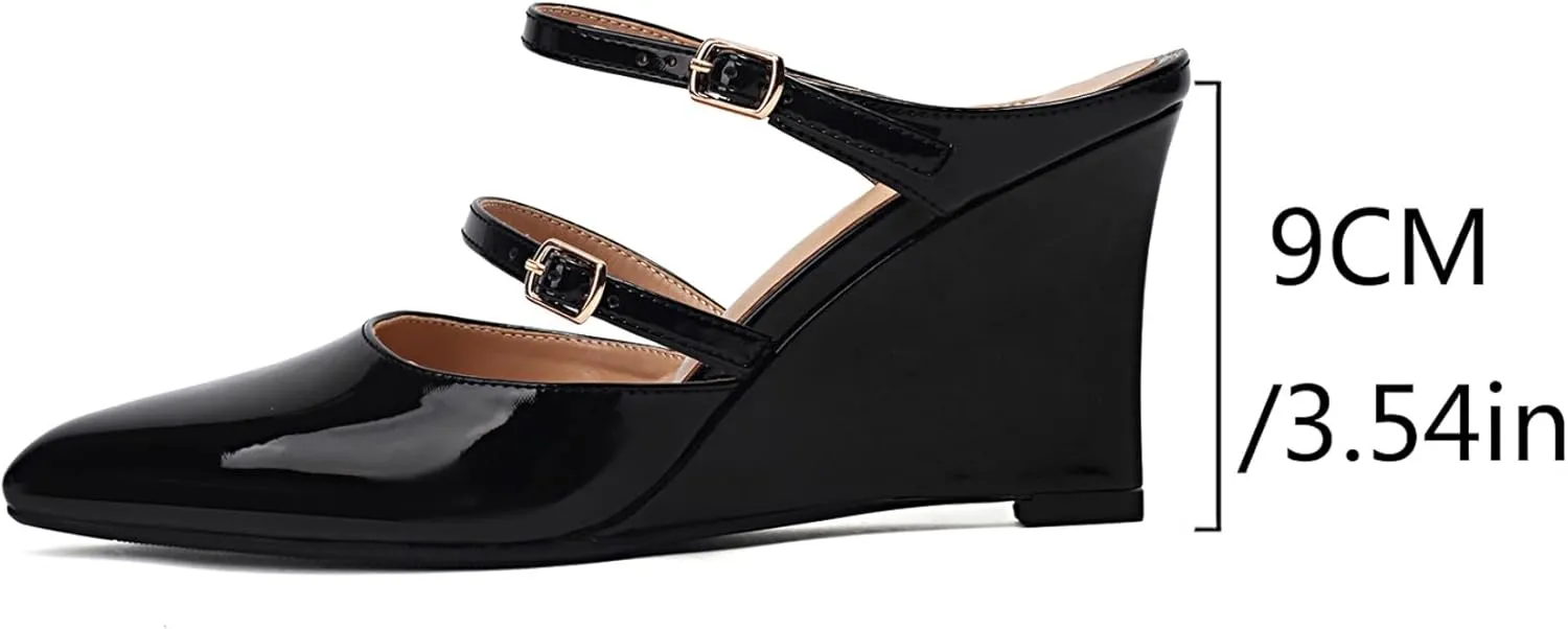 Women's Wedges Slingback Pointed Close Toe Double Anckle Straps Slip On Patent High Heels Pump Shoes