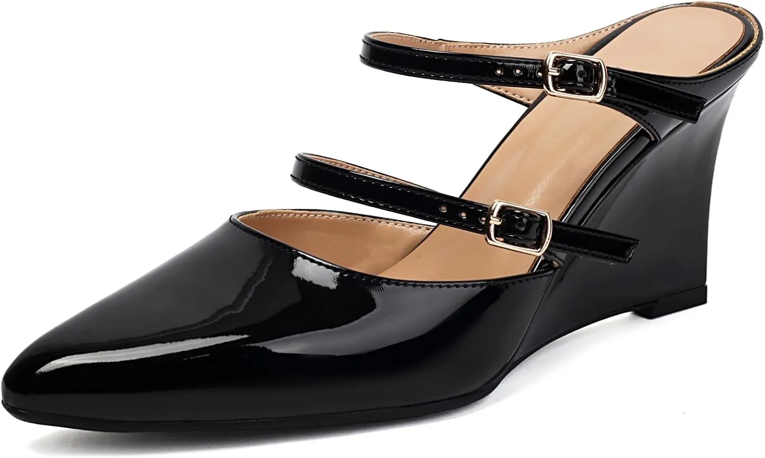 Women's Wedges Slingback Pointed Close Toe Double Anckle Straps Slip On Patent High Heels Pump Shoes