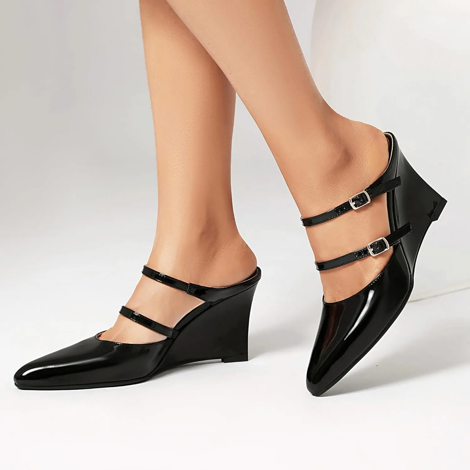 Women's Wedges Slingback Pointed Close Toe Double Anckle Straps Slip On Patent High Heels Pump Shoes