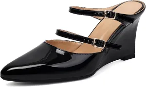 Women's Wedges Slingback Pointed Close Toe Double Anckle Straps Slip On Patent High Heels Pump Shoes