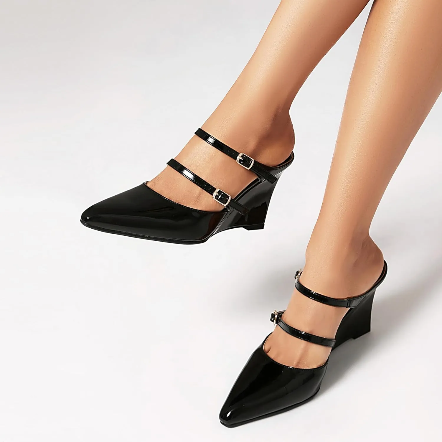 Women's Wedges Slingback Pointed Close Toe Double Anckle Straps Slip On Patent High Heels Pump Shoes