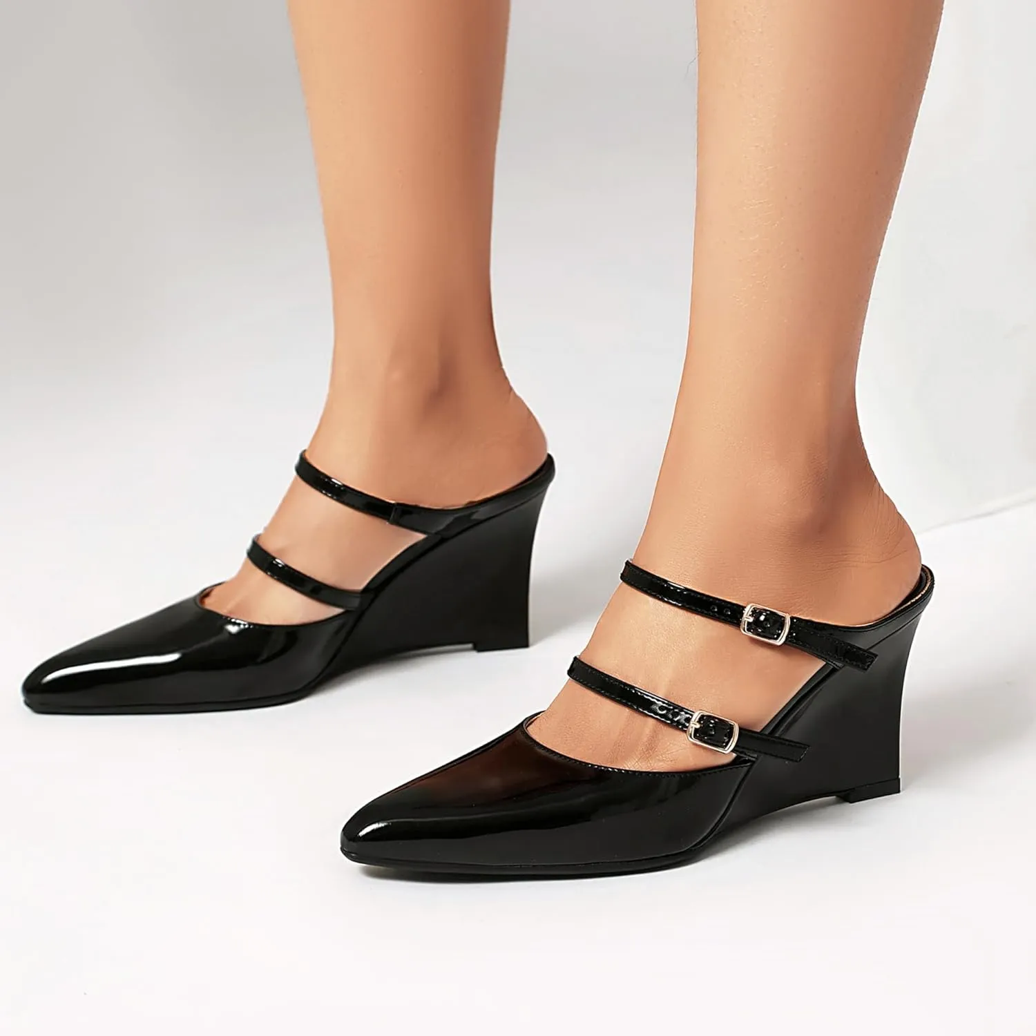 Women's Wedges Slingback Pointed Close Toe Double Anckle Straps Slip On Patent High Heels Pump Shoes