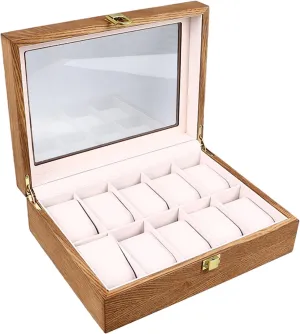 Wooden Watch Box 10 Slots, Watch Box, Watch Case with Large Capacity, Wooden Watch Display Storage Box with Transparent Lid, Watch Box Organizer for Present for Loved One or Shop Display