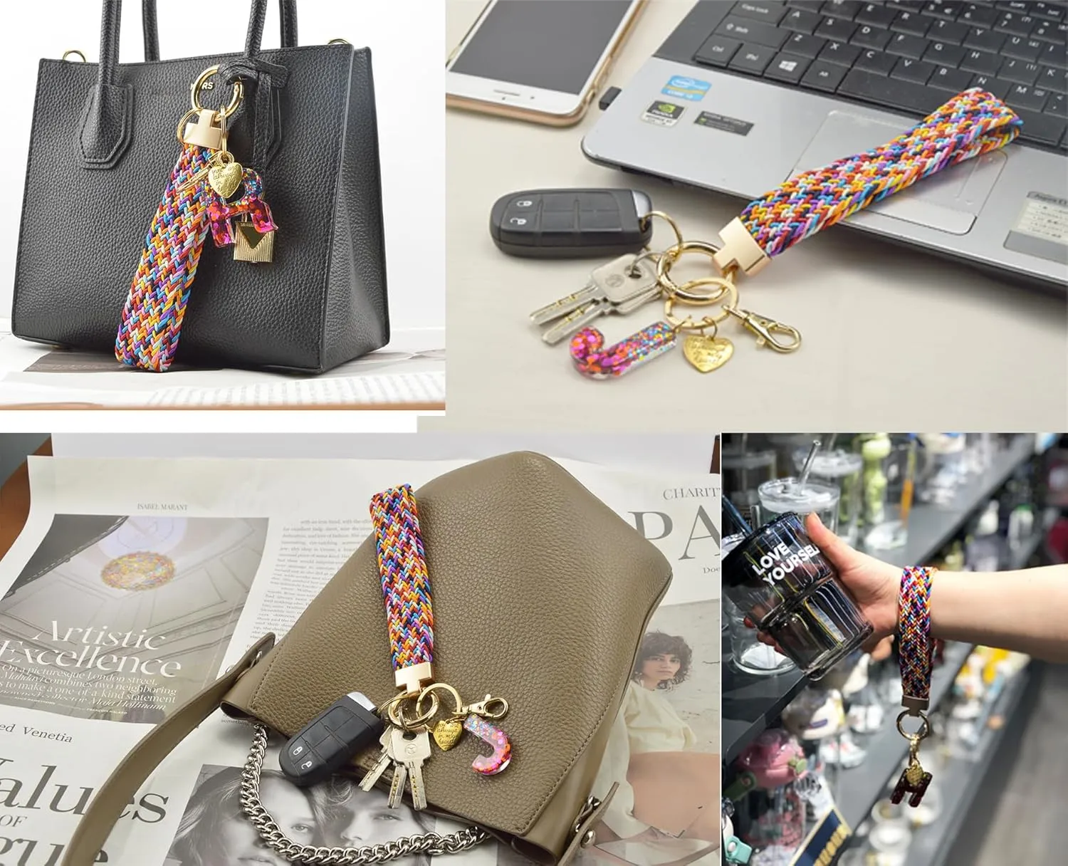 Wristlet Keychain with Initial Letter Colourful Braided Cute Wrist Lanyards Strap for Keys Wallet Handbag Phone