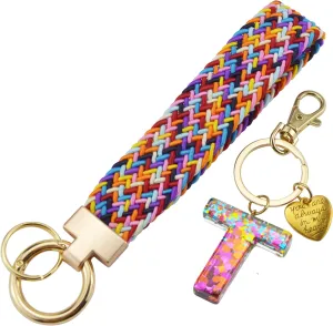 Wristlet Keychain with Initial Letter Colourful Braided Cute Wrist Lanyards Strap for Keys Wallet Handbag Phone