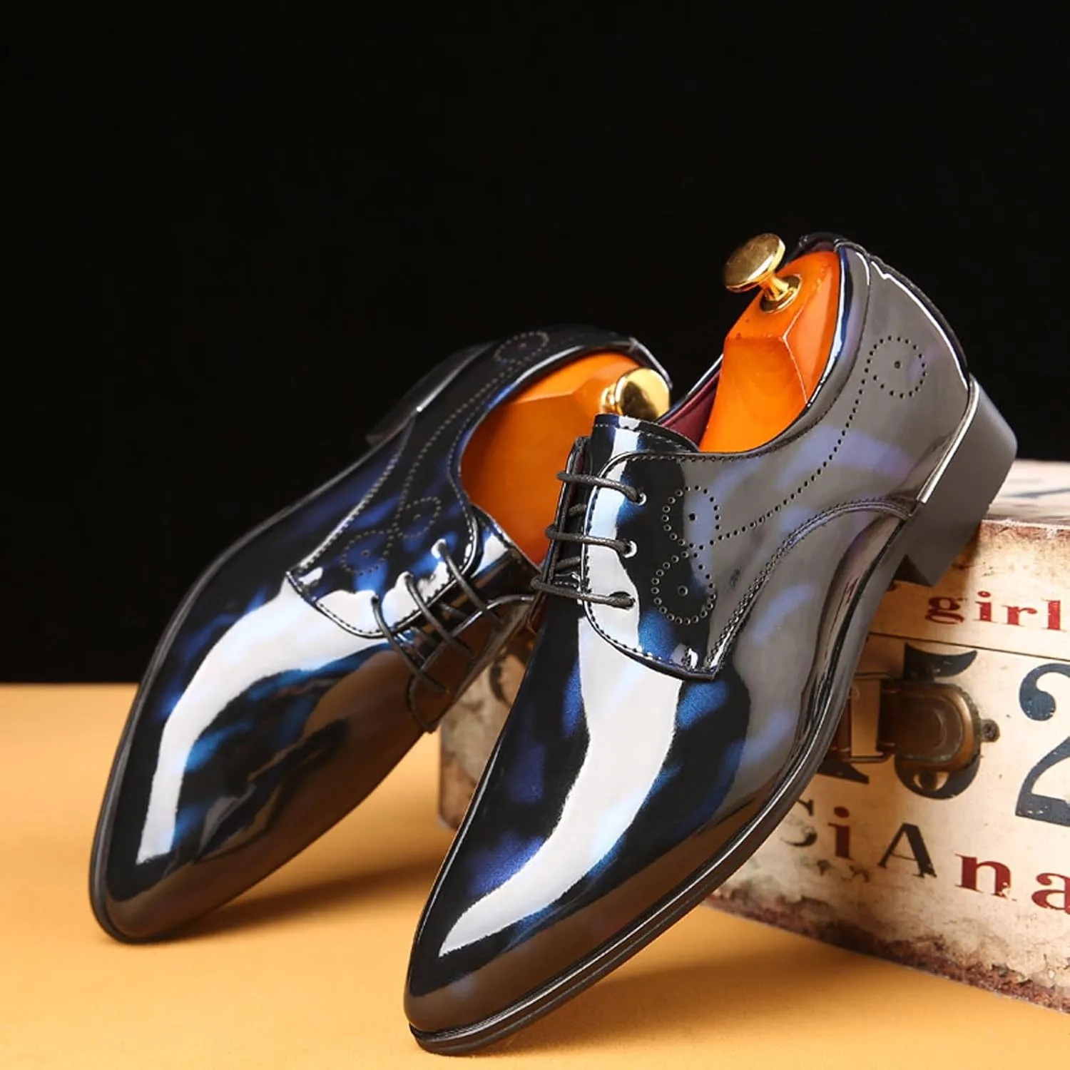 WUIWUIYU Men's Big Size Lace-Up Wedding Party Prom Semi-Formal Dress Wingtips Synthetic Leather Oxfords Shoes