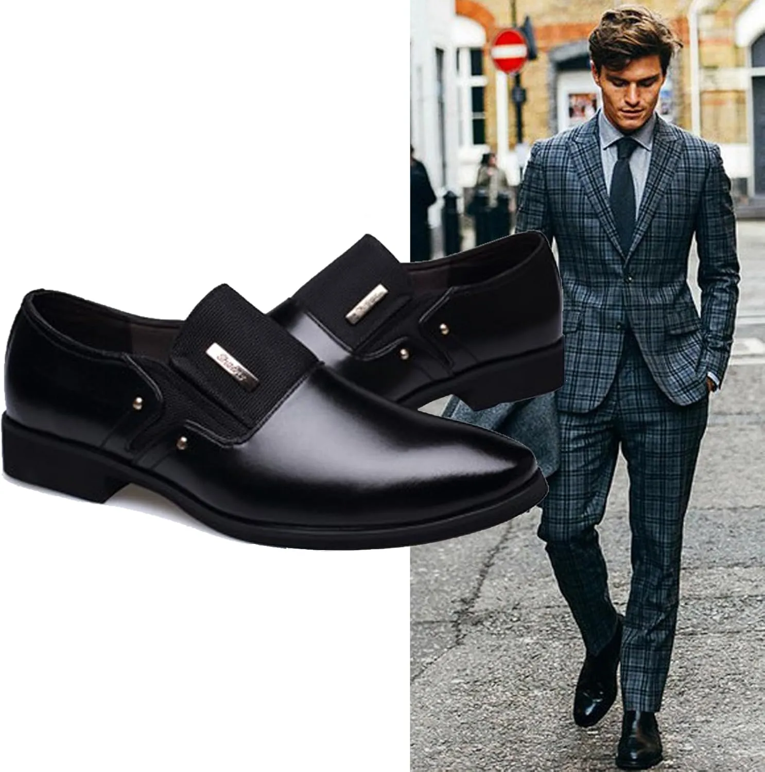 WUIWUIYU Men's Nice Looking Smart Casual High Gloss Shoes Slip-on/Lace-up Formal Dress Oxfords