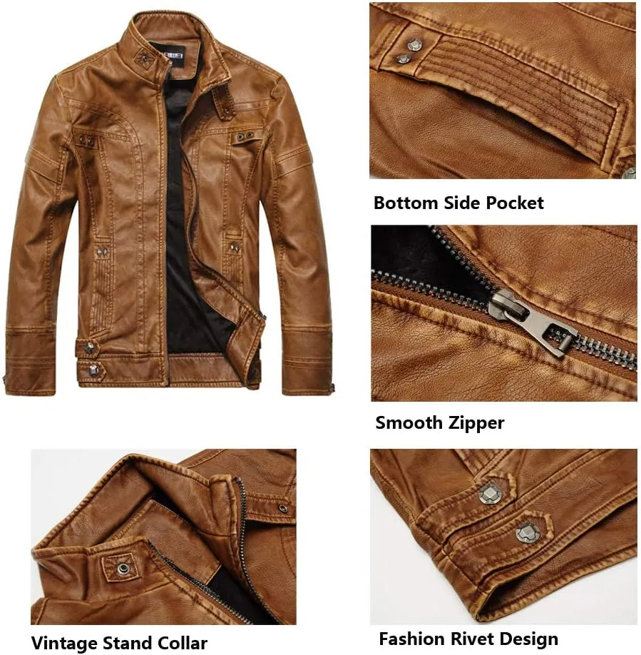 WULFUL Men's Vintage Stand Collar Leather Jacket Motorcycle PU Jacket and Coat