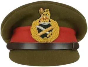 WW2 British Army General's Visor Cap, Olive Green with Red Band, Gold Badge (US, Numeric, 7 1/2, Brown)