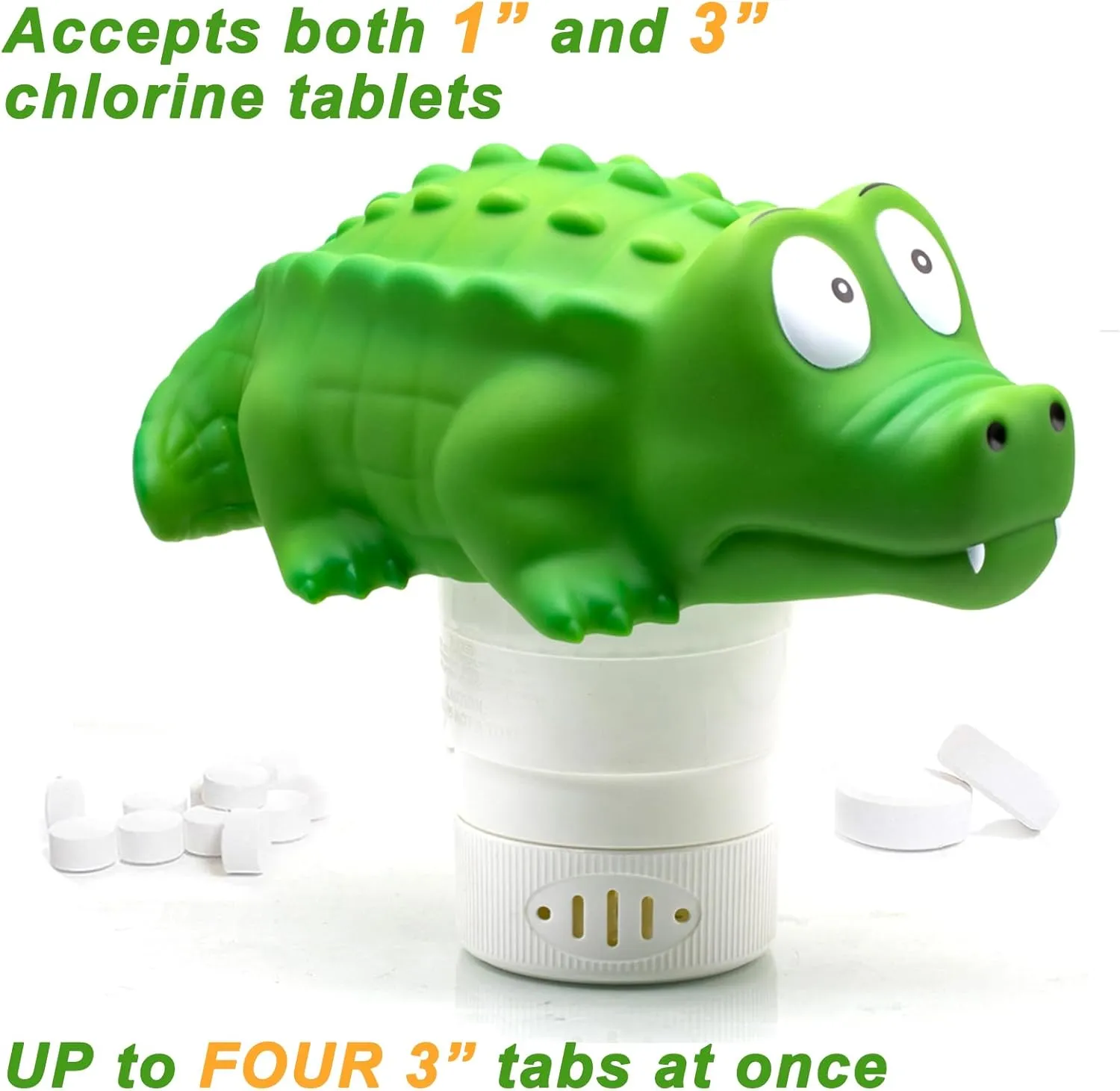 WWD POOL Pool Chlorine Floater, Floating Pool Chlorine Dispenser (Alligator), Fits 1 and 3 Inch Tablets for Large and Small Pools, Spa, Hot Tub