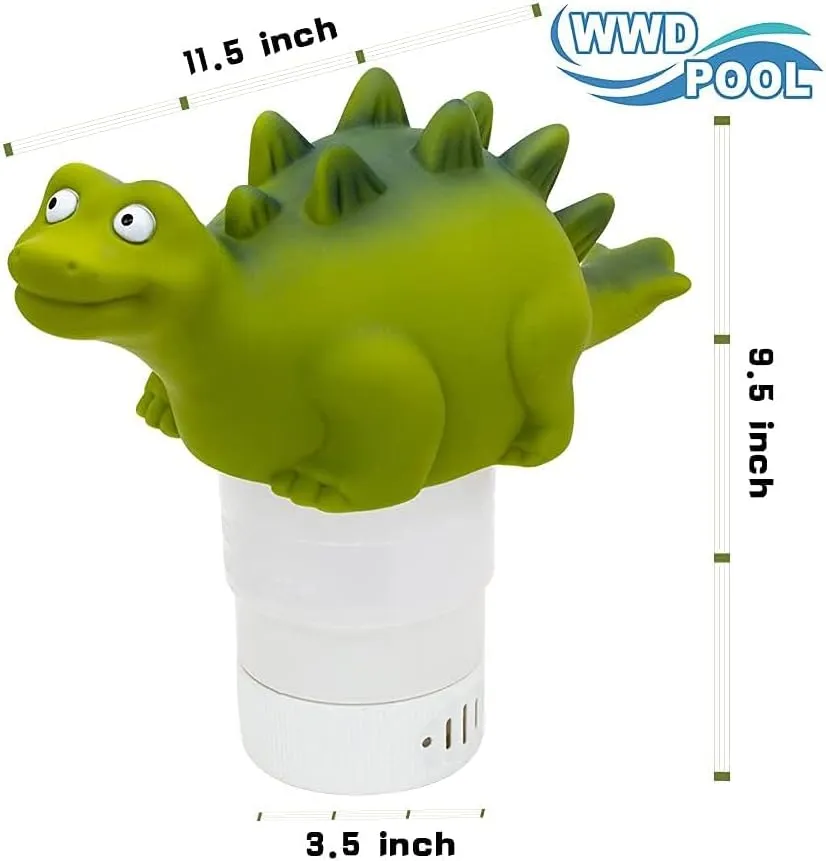 WWD POOL Pool Chlorine Floater, Floating Pool Chlorine Dispenser (Green Dinosaur), Fits 1 and 3 Inch Tablets for Large and Small Pools, Spa, Hot Tub