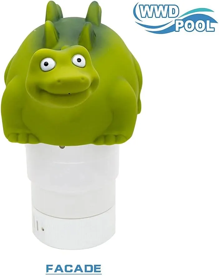 WWD POOL Pool Chlorine Floater, Floating Pool Chlorine Dispenser (Green Dinosaur), Fits 1 and 3 Inch Tablets for Large and Small Pools, Spa, Hot Tub