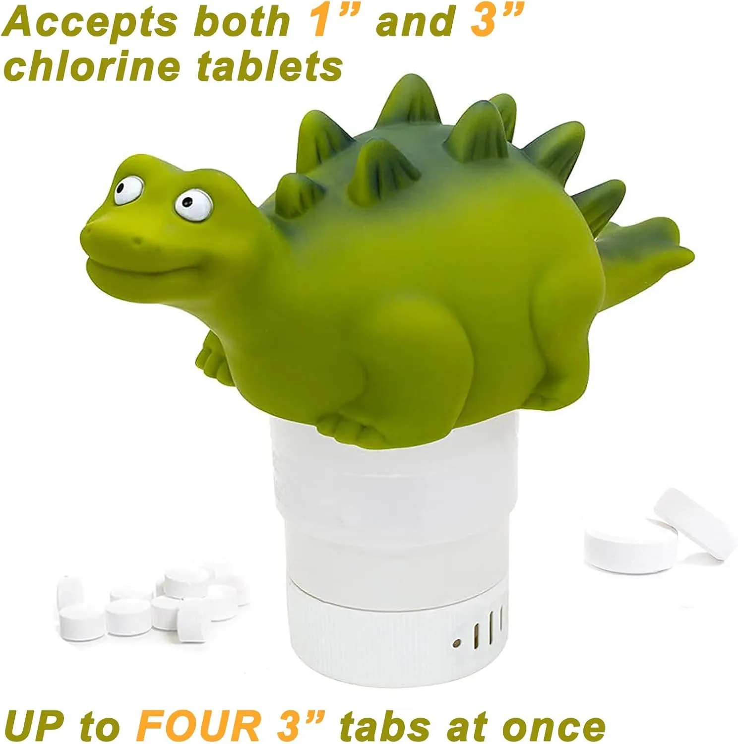 WWD POOL Pool Chlorine Floater, Floating Pool Chlorine Dispenser (Green Dinosaur), Fits 1 and 3 Inch Tablets for Large and Small Pools, Spa, Hot Tub