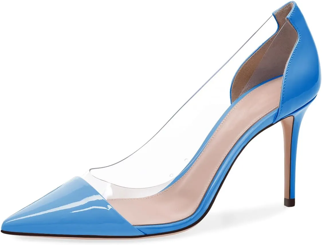 XINIUNIU Clear Heels for Women Transparent Pointed Toe Stiletto Pumps Slip On Closed Toe 4 Inch Bridal Evening Wedding Party Sexy Dress Shoes