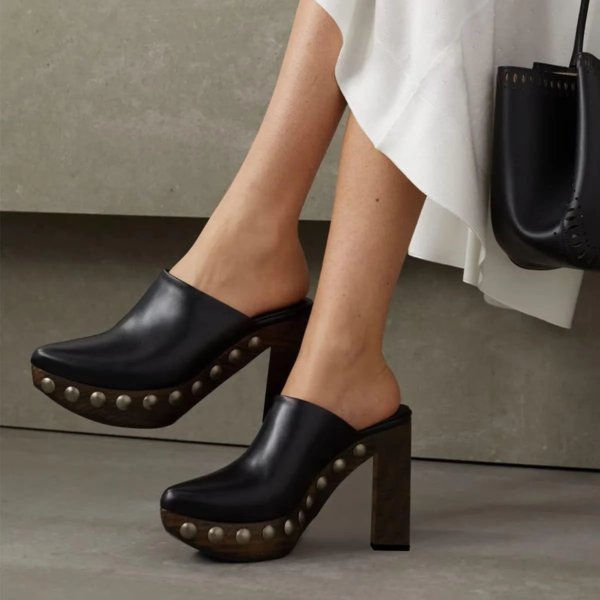 XYD Cork Platform Super High Heels Mules for Women Chunky Block Studded Closed Round Toe Slides Sandals Backless Fashion Dress Club Shoes