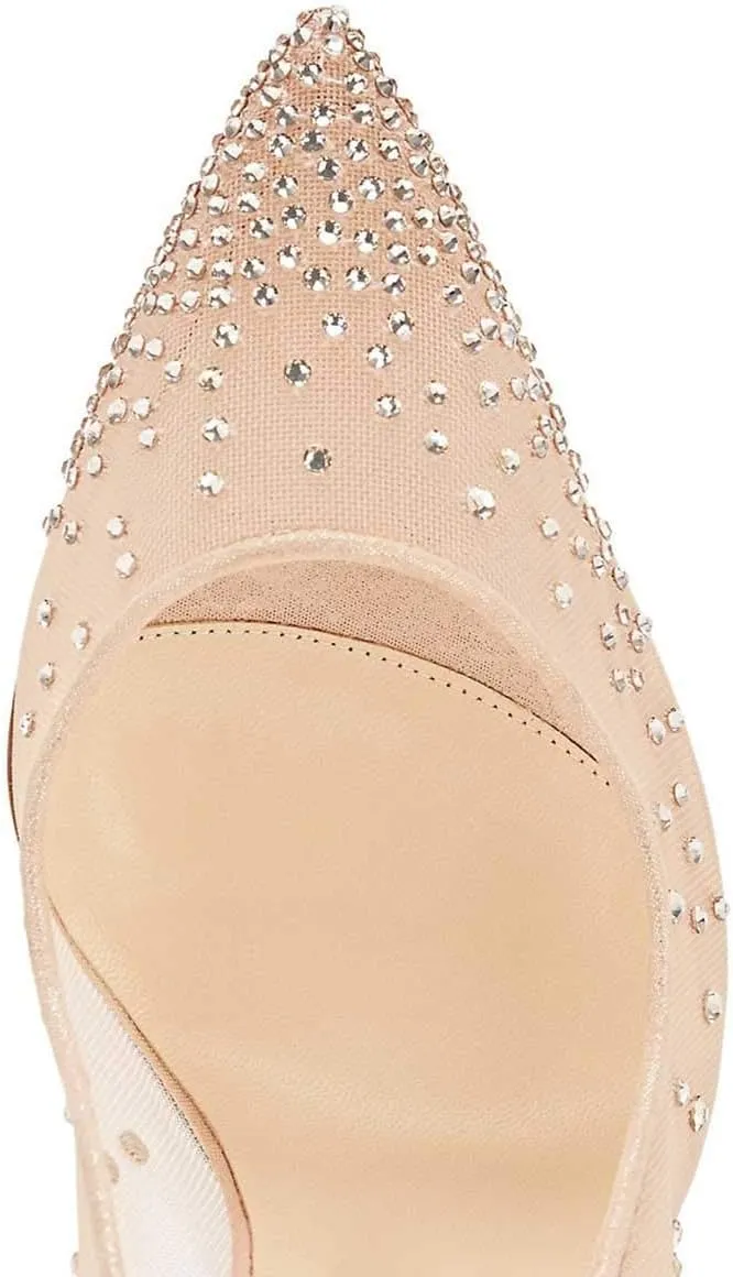 XYD Rhinestones Studded Stiletto High Heels Mesh Pumps for Women Slip On Pointed Toe Evening Wedding Dress Shoes