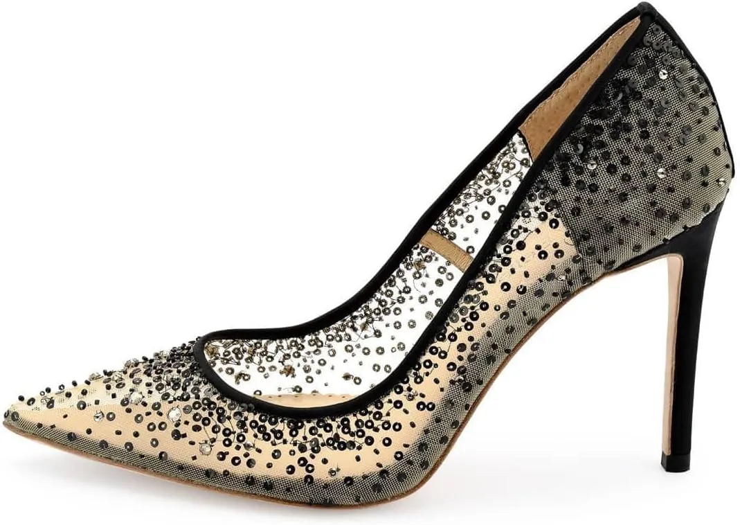 XYD Rhinestones Studded Stiletto High Heels Mesh Pumps for Women Slip On Pointed Toe Evening Wedding Dress Shoes