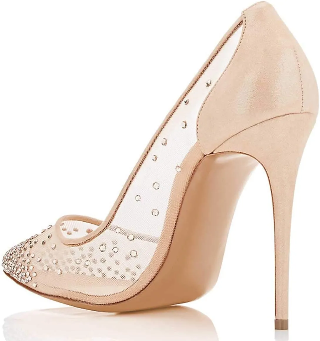 XYD Rhinestones Studded Stiletto High Heels Mesh Pumps for Women Slip On Pointed Toe Evening Wedding Dress Shoes