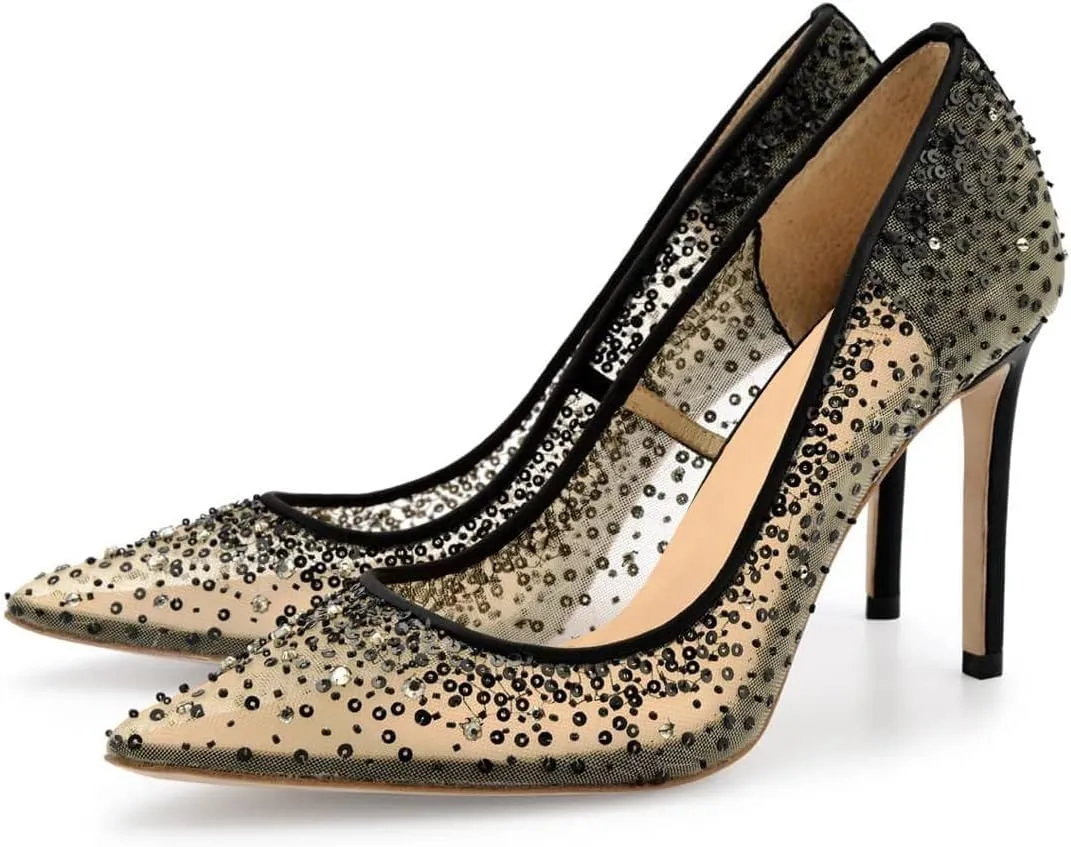 XYD Rhinestones Studded Stiletto High Heels Mesh Pumps for Women Slip On Pointed Toe Evening Wedding Dress Shoes