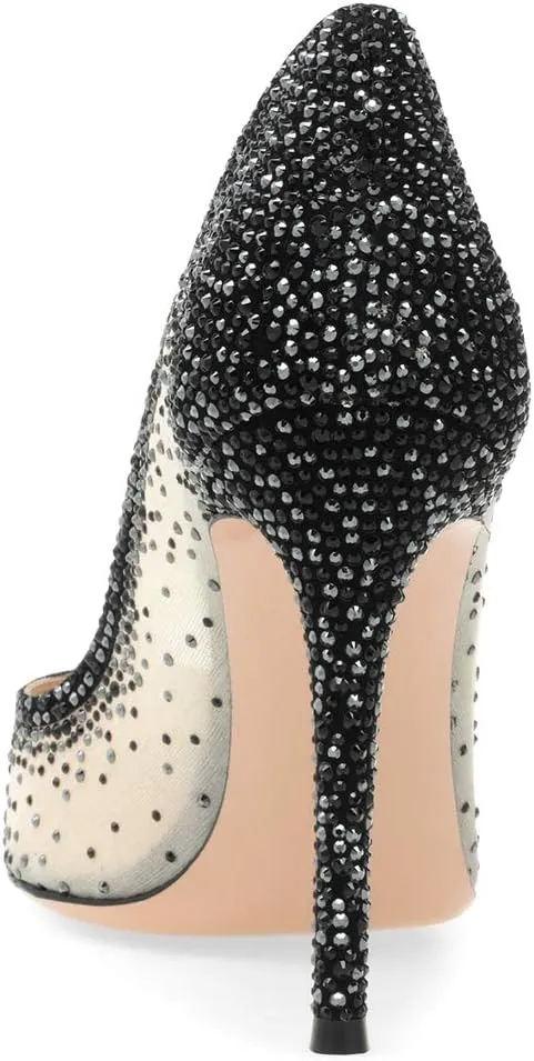 XYD Rhinestones Studded Stiletto High Heels Mesh Pumps for Women Slip On Pointed Toe Evening Wedding Dress Shoes