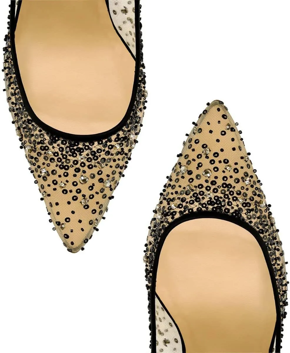 XYD Rhinestones Studded Stiletto High Heels Mesh Pumps for Women Slip On Pointed Toe Evening Wedding Dress Shoes