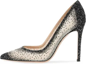 XYD Rhinestones Studded Stiletto High Heels Mesh Pumps for Women Slip On Pointed Toe Evening Wedding Dress Shoes