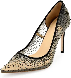 XYD Rhinestones Studded Stiletto High Heels Mesh Pumps for Women Slip On Pointed Toe Evening Wedding Dress Shoes