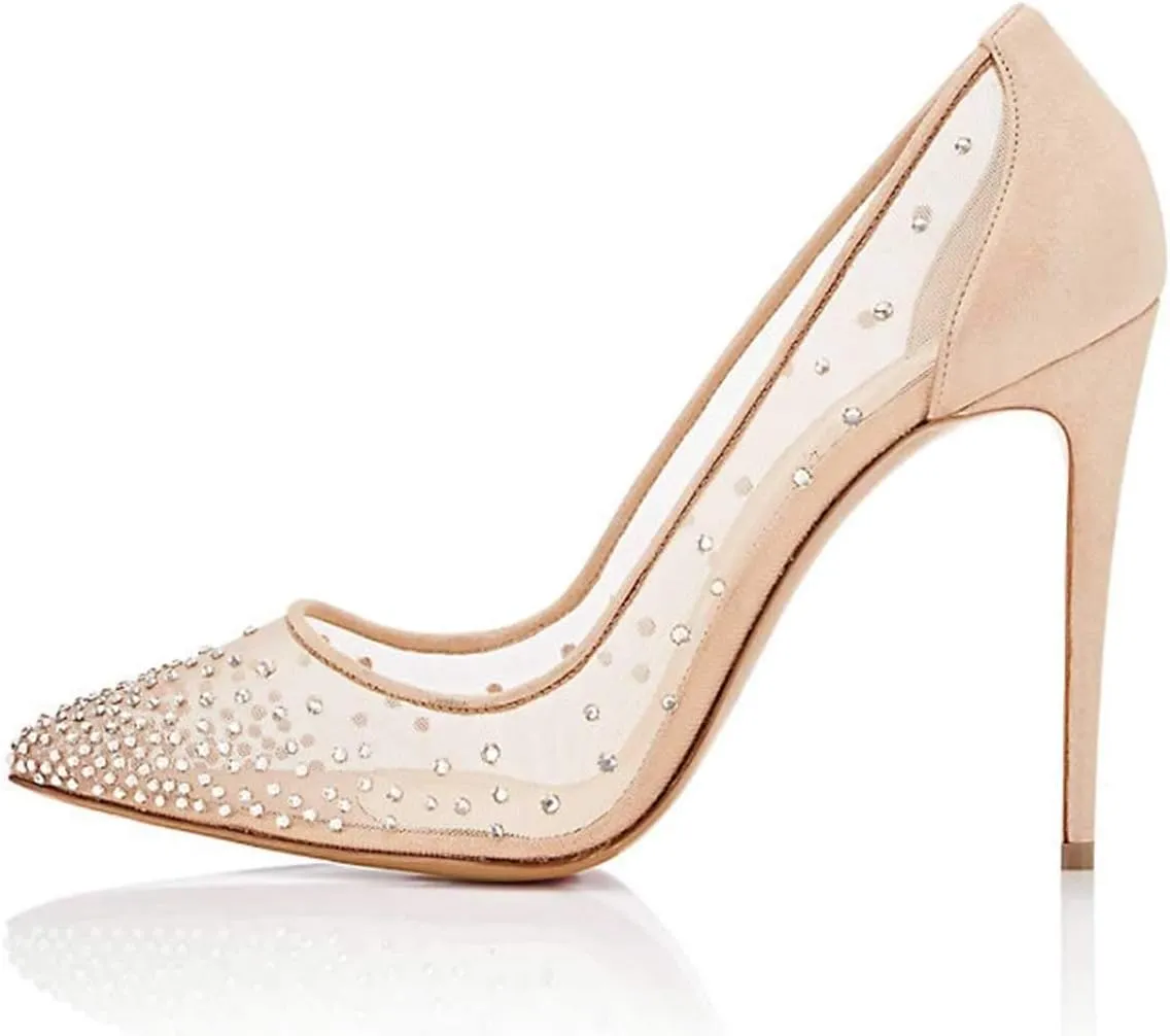 XYD Rhinestones Studded Stiletto High Heels Mesh Pumps for Women Slip On Pointed Toe Evening Wedding Dress Shoes