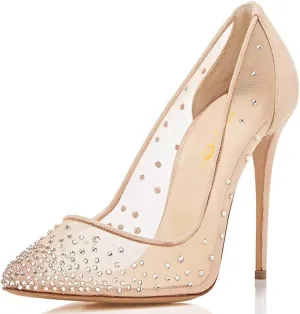 XYD Rhinestones Studded Stiletto High Heels Mesh Pumps for Women Slip On Pointed Toe Evening Wedding Dress Shoes
