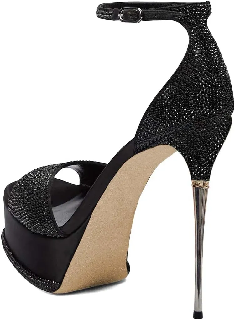 XYD Women Bling Rhinestones Platform Sandals Open Square Toe Super High Heel Stiletto Ankle Strap Buckled Pumps Cocktail Party Event Dress Shoes