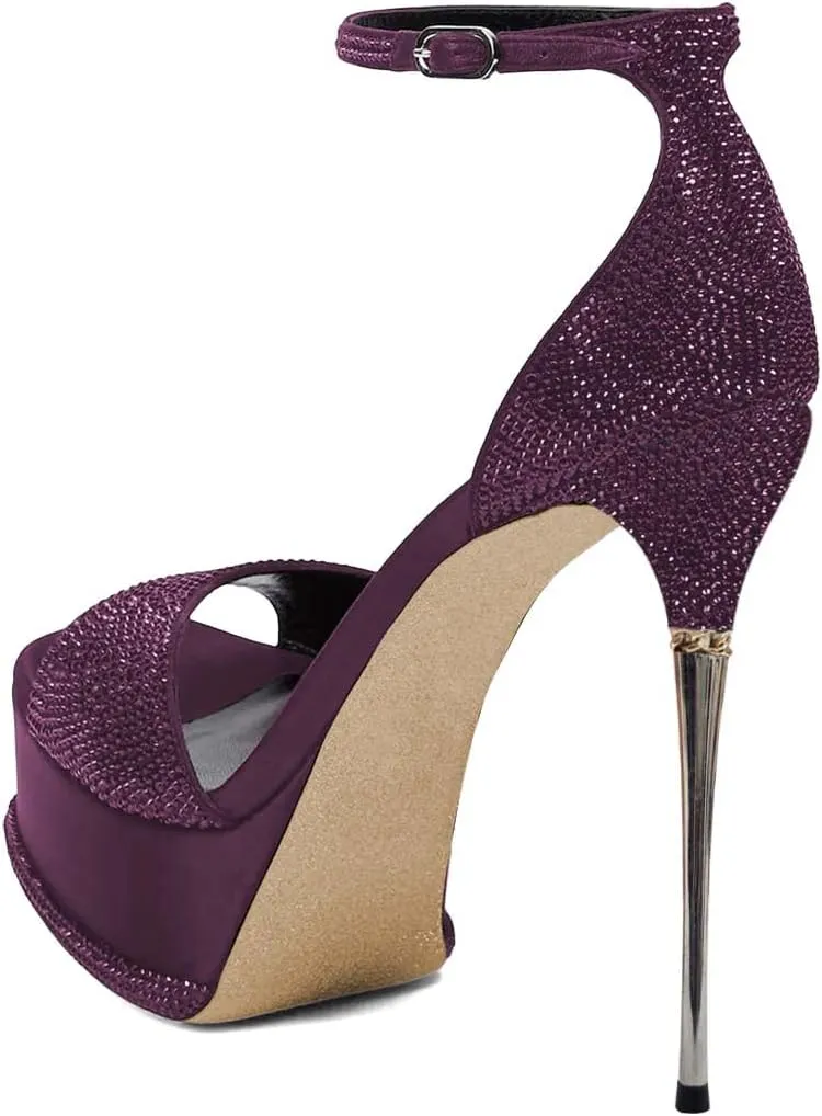 XYD Women Bling Rhinestones Platform Sandals Open Square Toe Super High Heel Stiletto Ankle Strap Buckled Pumps Cocktail Party Event Dress Shoes