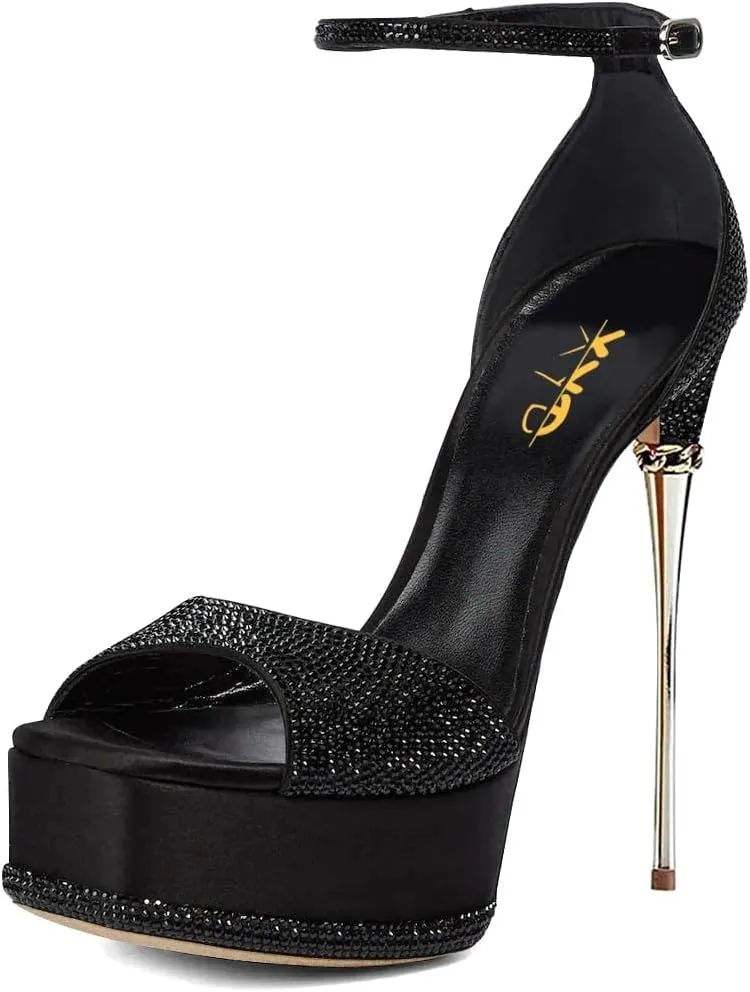 XYD Women Bling Rhinestones Platform Sandals Open Square Toe Super High Heel Stiletto Ankle Strap Buckled Pumps Cocktail Party Event Dress Shoes