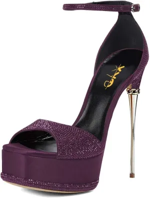 XYD Women Bling Rhinestones Platform Sandals Open Square Toe Super High Heel Stiletto Ankle Strap Buckled Pumps Cocktail Party Event Dress Shoes