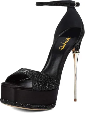 XYD Women Bling Rhinestones Platform Sandals Open Square Toe Super High Heel Stiletto Ankle Strap Buckled Pumps Cocktail Party Event Dress Shoes